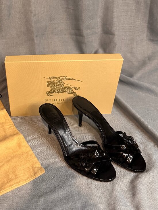 Burberry Shoes - Burberry Black Patent Leather Strappy Heeled Mule Size 7 US w/ Box & Dust Bag